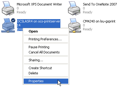 properties command when right clicked on the designated printer.