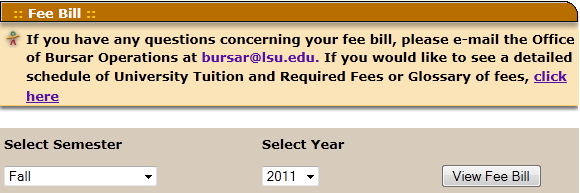 The Fee Bill dialog box with options to view bills from different semesters