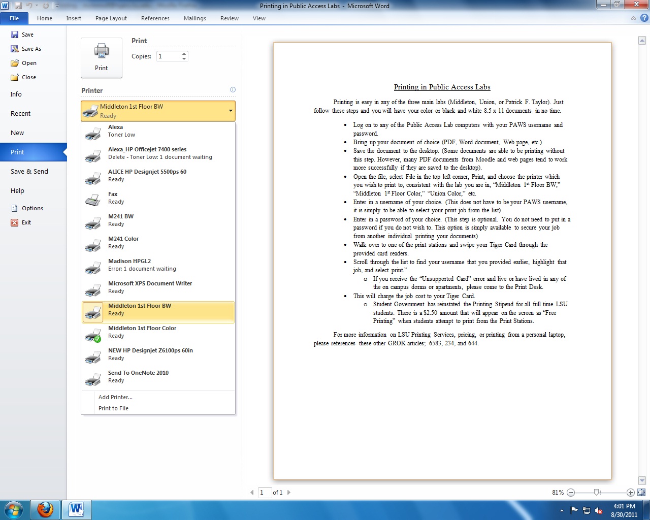 the print preview screen in Microsoft word 