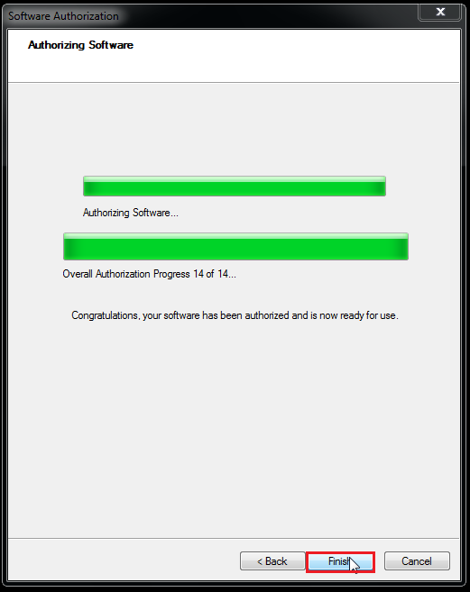 authorization process. Click finish when complete