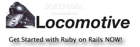 the locomotive logo. There is a small picture of a train next to the word Locomotive. Underneath this logo, there is text saying Get Started with Ruby on Rails now.