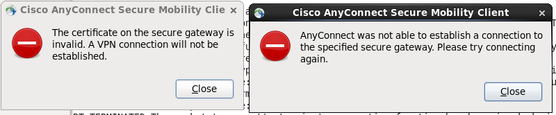 Cisco Error messages indicating an invalid certificate or an inability to connect