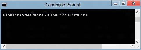  "netsh wlan show drivers" typed into the Command Prompt window
