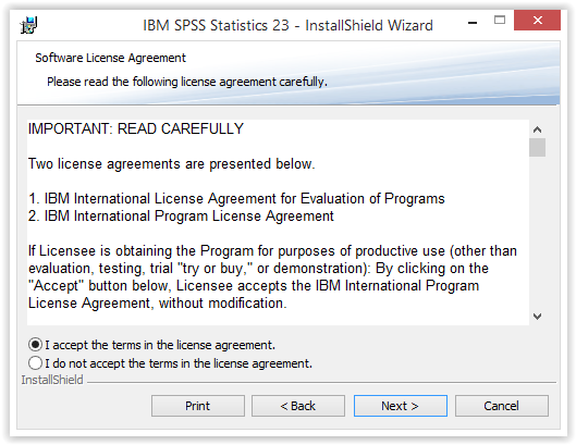 SPSS Statistics 23 Install Wizard License Agreement window with I accept the terms selections