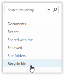 Screenshot of Recycle Bin tab on OneDrive homescreen