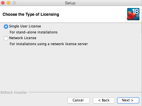 selecting type of licensing, button to the left of single user license highlighted