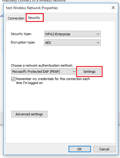 Settings button in security tab