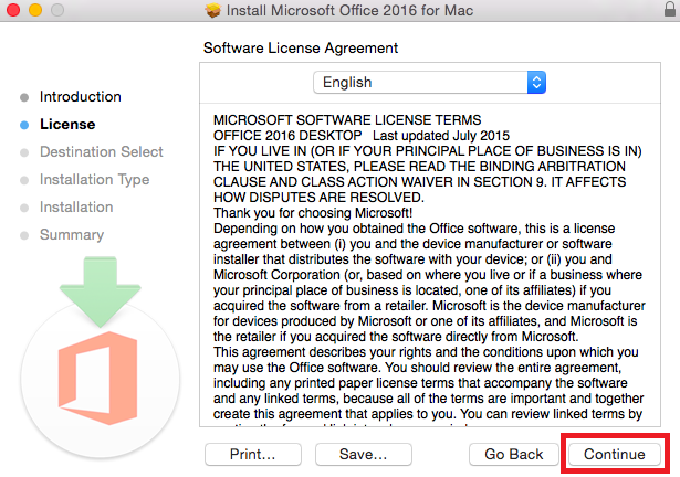 The license agreement window with the continue button highlighted at bottom right screen