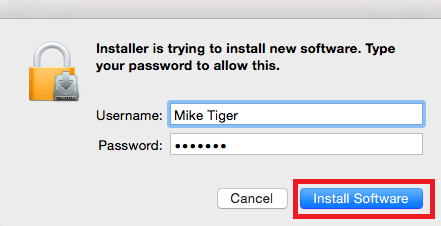 The installer popup with the install software button highlighted in the bottom right