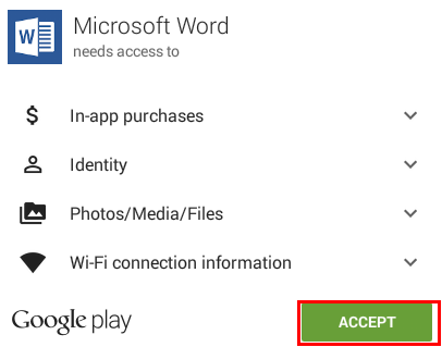 the accept button in the permissions for an app popup.