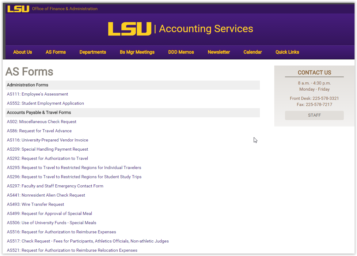 LSU Accounting Services Forms webpage