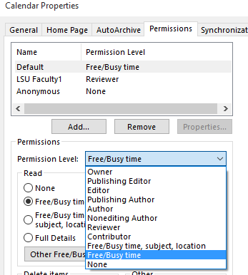 the properties window and drop down window for levels of permission