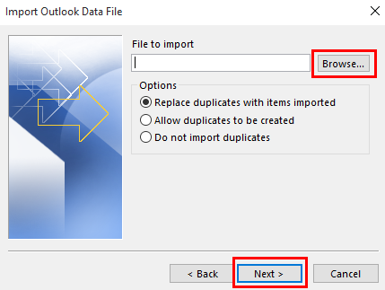outlook import window browsing for data file