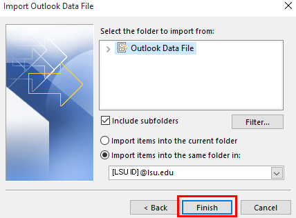 outlook import finishing window with options