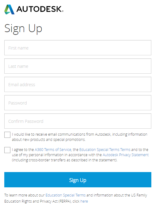 Autodesk account creation page asking name, email, password