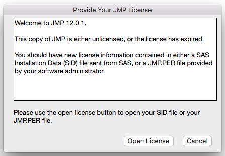 JMP Product Licensing window