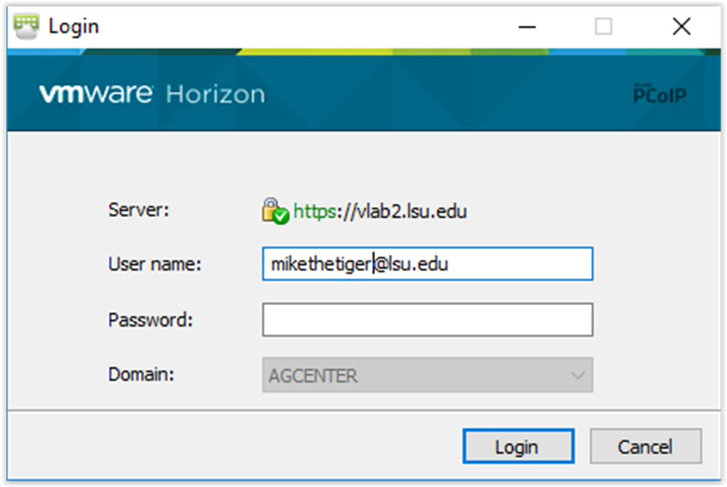User name and password for vlab