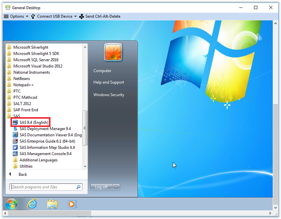General Desktop window with SAS 9.4 English highlighted under SAS file