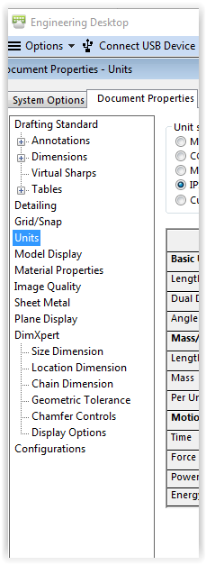 Document Properties with Units option selected