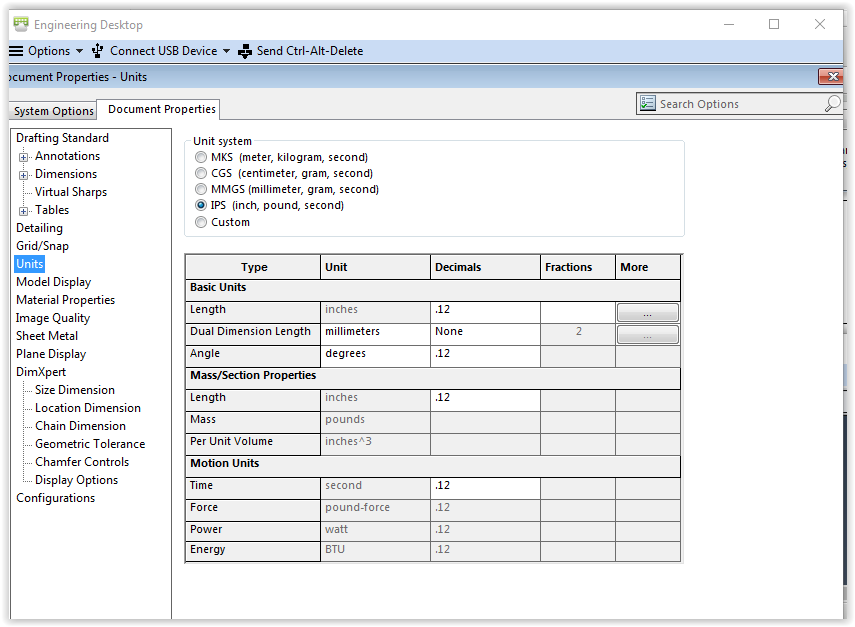  Document Properties and units you wish to add option list