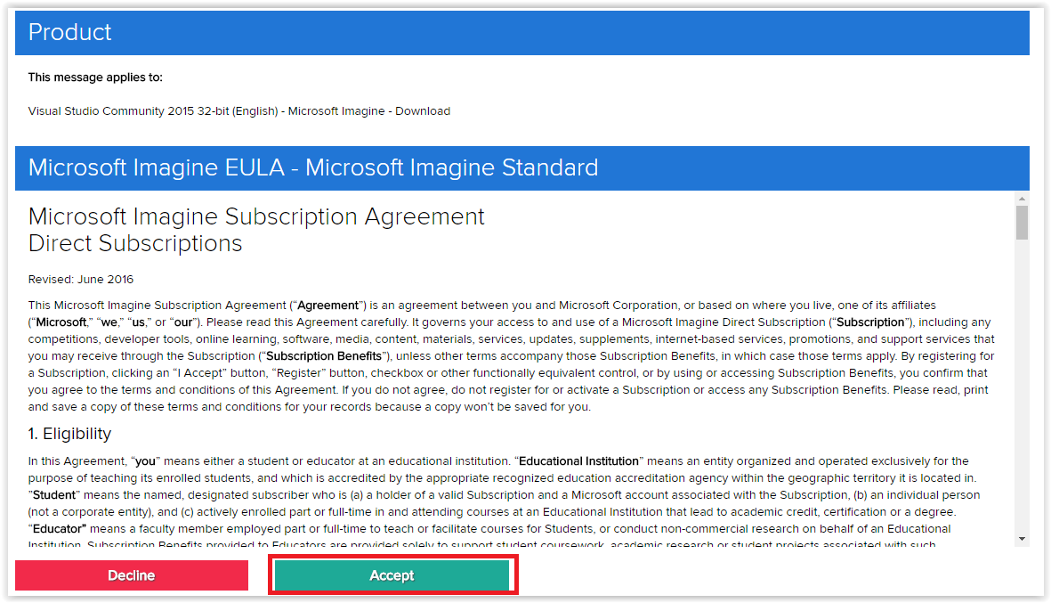 message and license agreement with accept button highlighted at the bottom