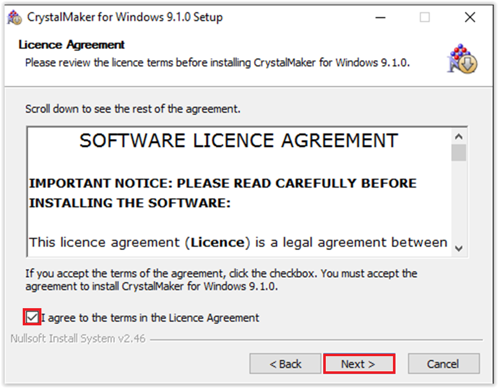 Licence Agreement with the checkbox