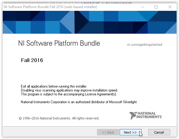 Software platform bundle with Next at the bottom right corner of the window