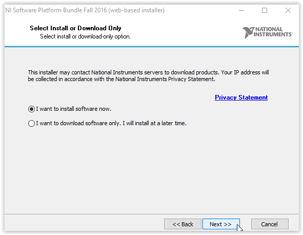 Installation window with I want to install software now highlighted and Next button highlighted.