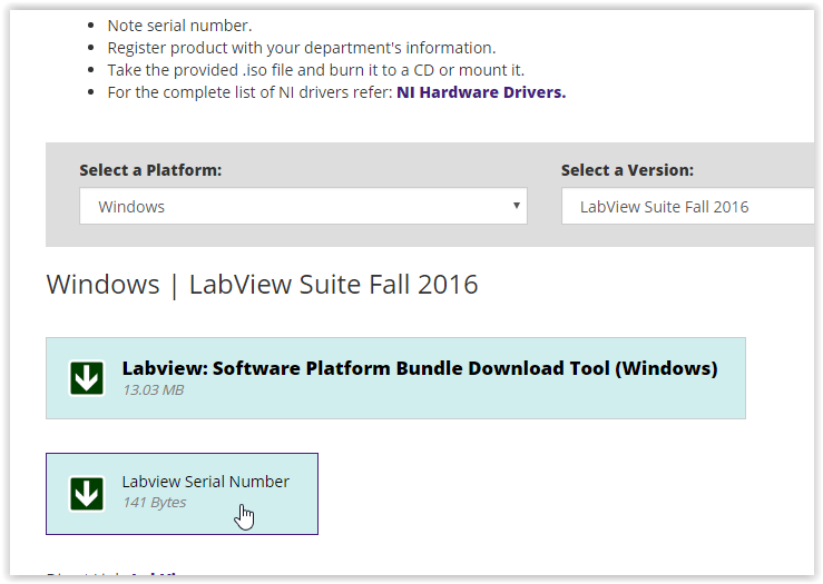 Labview Serial Number download button in the Tigerware download section.