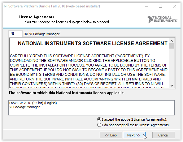 License agreement screen with Next at the bottom of the window.
