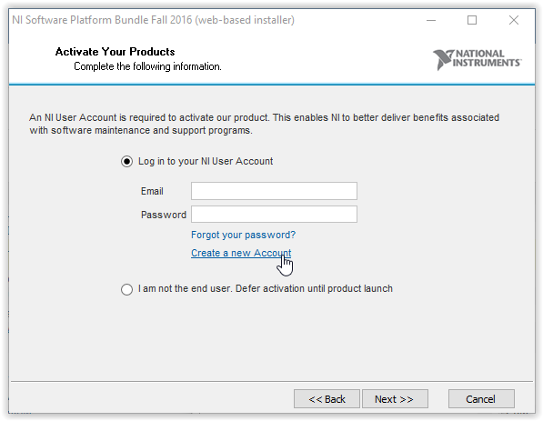 Activate your products screen with Create a new Account highlighted.
