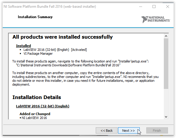 Installation summary screen with next highlighted at the bottom of the window.