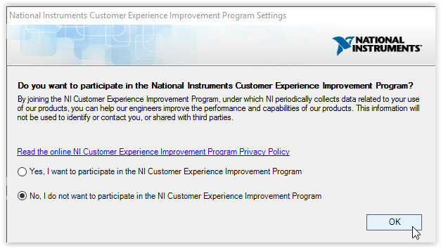 NI Customer Experience Improvement Program with OK highlighted at the bottom of the window.