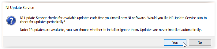 NI Update Service screen with yes highlighted at the bottom of the window.
