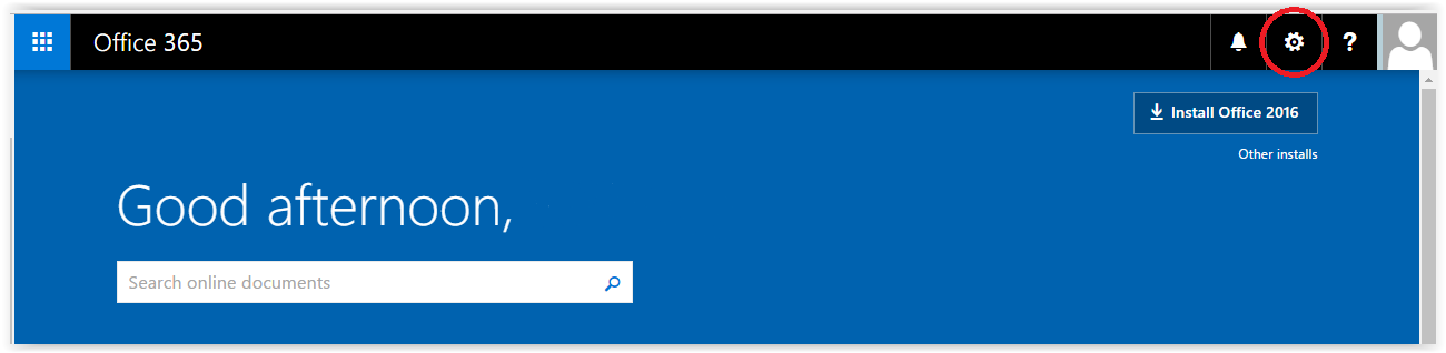 settings Icon on Office 365 at the top right corner of the screen