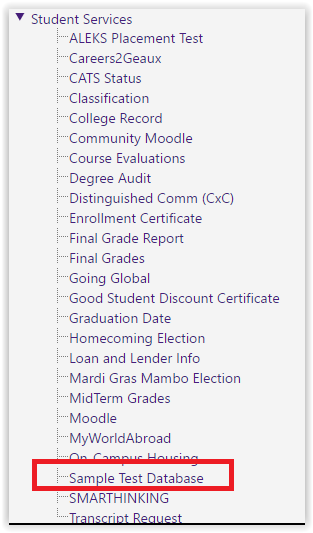 sample test database link highlighted 