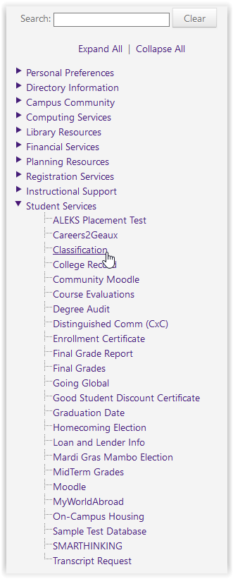 classification option under student services in mylsu