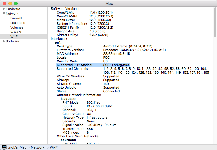 Wi-Fi details section with Supported PHY Modes highlighted