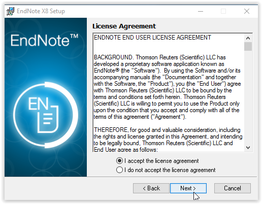 License agreement screen with next highlighted at the bottom of the screen.
