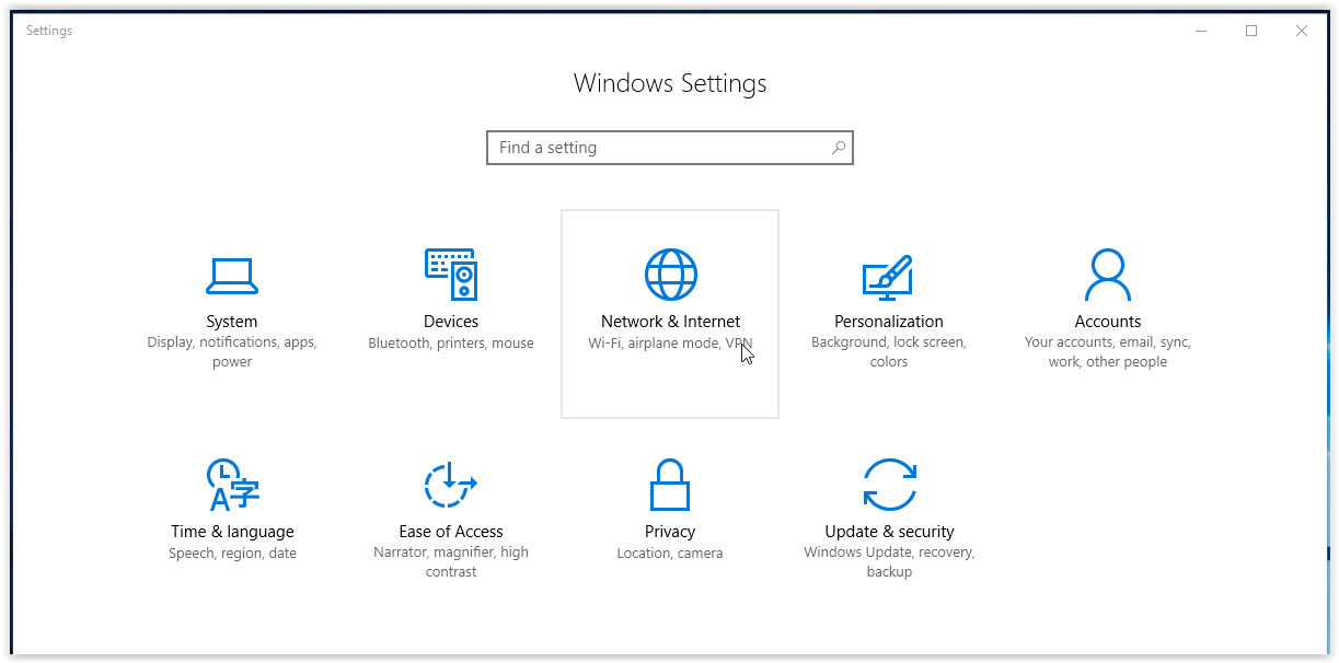 network & internet button in the settings window