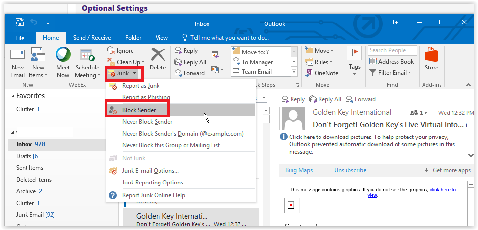 "Block Sender" in outlook 2016