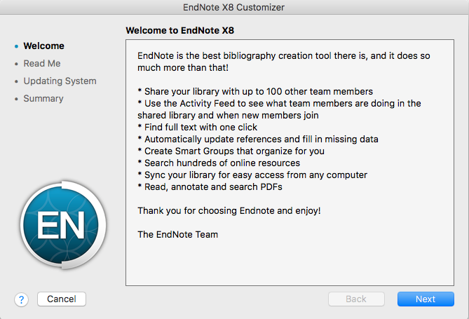 Endnote X8 Customizer window