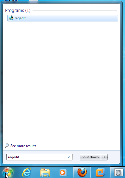 regedit program button in windows start menu