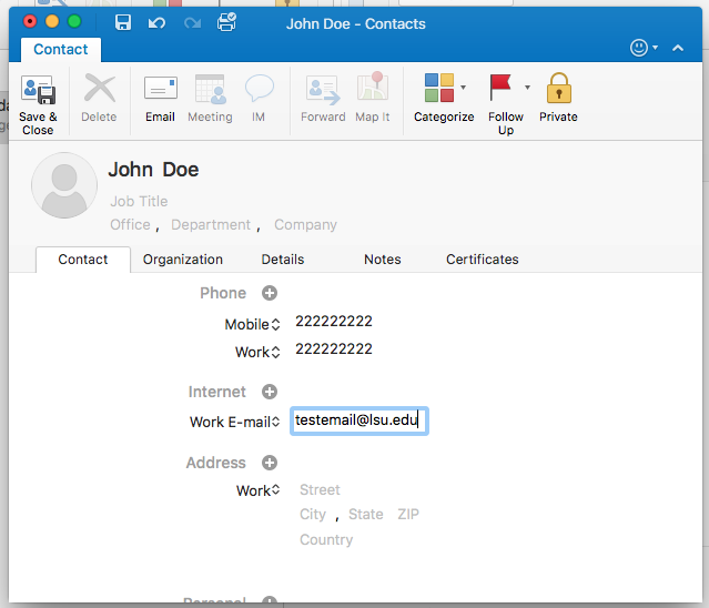 Window to edit contacts in Outlook 2016