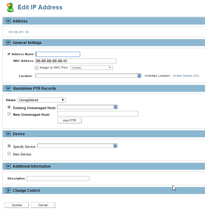 Fill out the fields to edit the IP Address