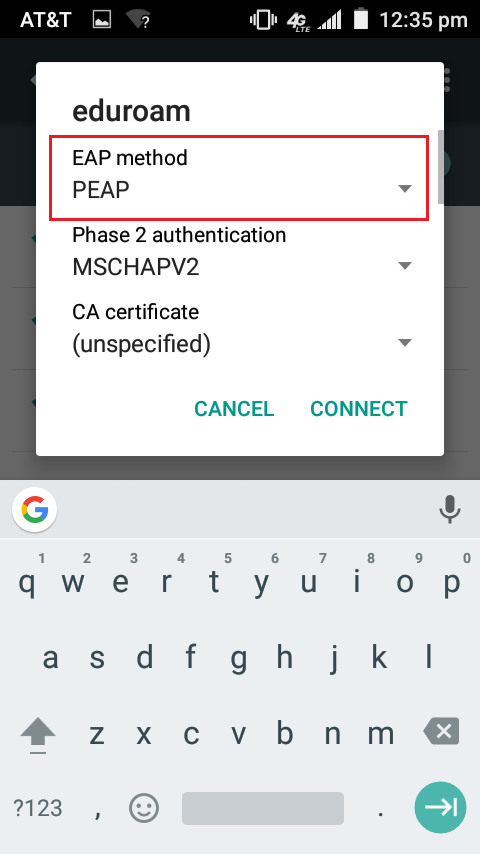 Selecting PEAP method in wifi settings