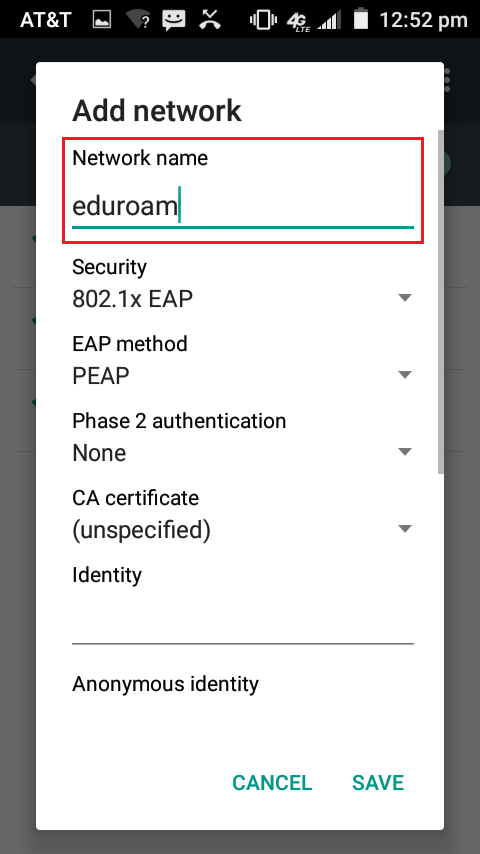 Entering eduroam manually in wifi settings