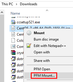 right-click drop down menu from file with PFM Mount selected.