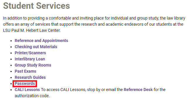 The password link under student services is highlighted
