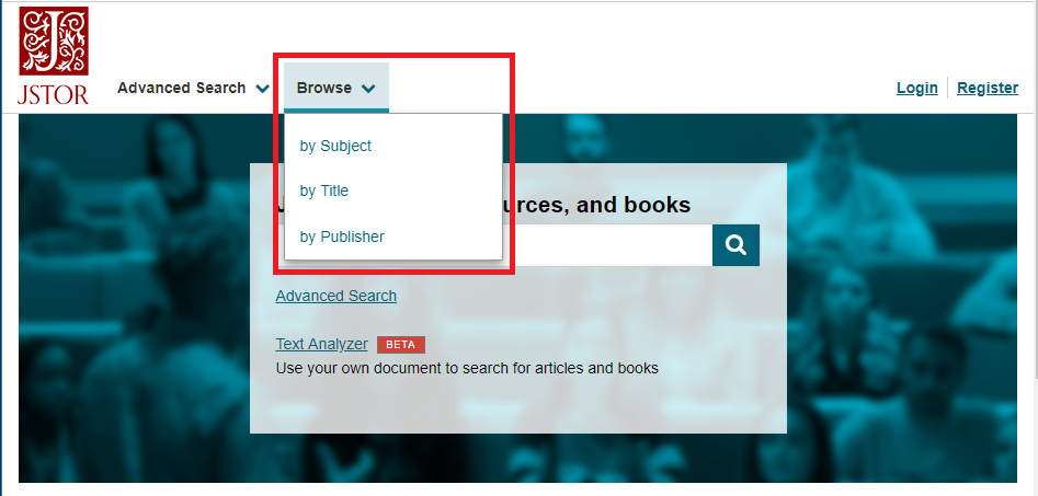 JSTOR homepage, browse dropdown menu activated